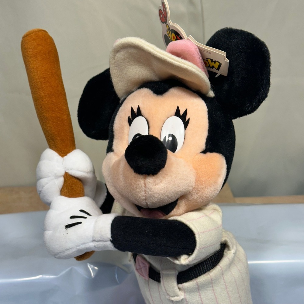Disney Vintage Minnie Mouse Plush Baseball Girl Medium Pink Pinstripe Excellent